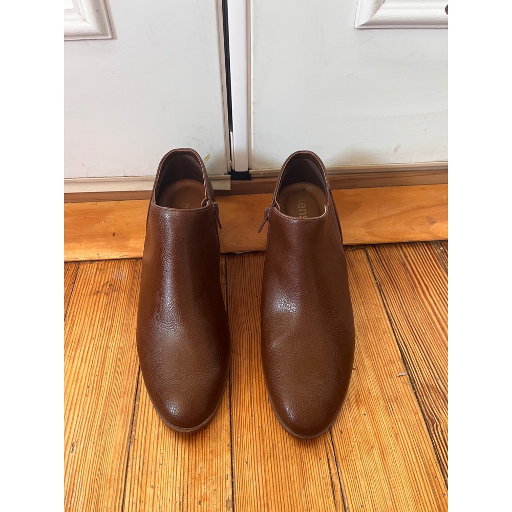 Kensie Sammy Brown Faux Leather Ankle‎ Booties Low Block Heel Almond Toe 7.5M